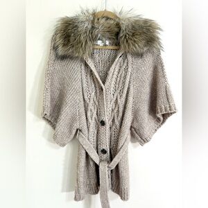 LOFT Faux Fur Alpaca Wool‎ Collared Chunky Knit Tan Tie Front Cardigan Size XS